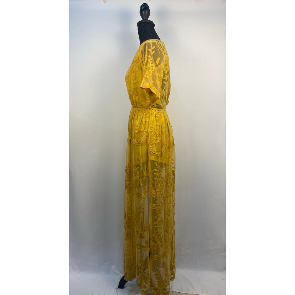 Wild Honey Mustard Yellow Lace Sheer Maxi Romper Size S - Picture 8 of 15